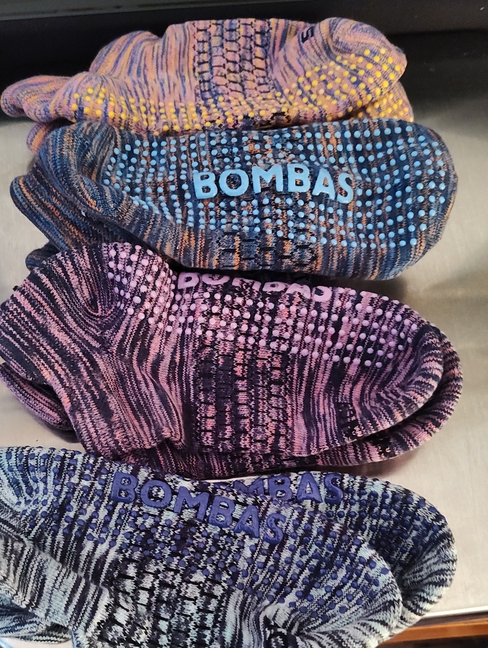 Bombas Non-Slip Ankle Socks in Purple, Blue and Yellow